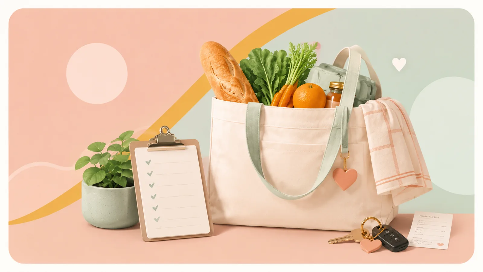 Pastel grocery bag with fresh food, shopping checklist, and car keys